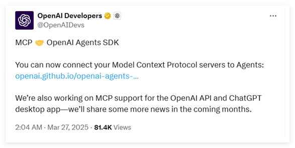 ​OpenAI宣布支持Anthropic的MCP标准 Agent SDK已添加MCP支持