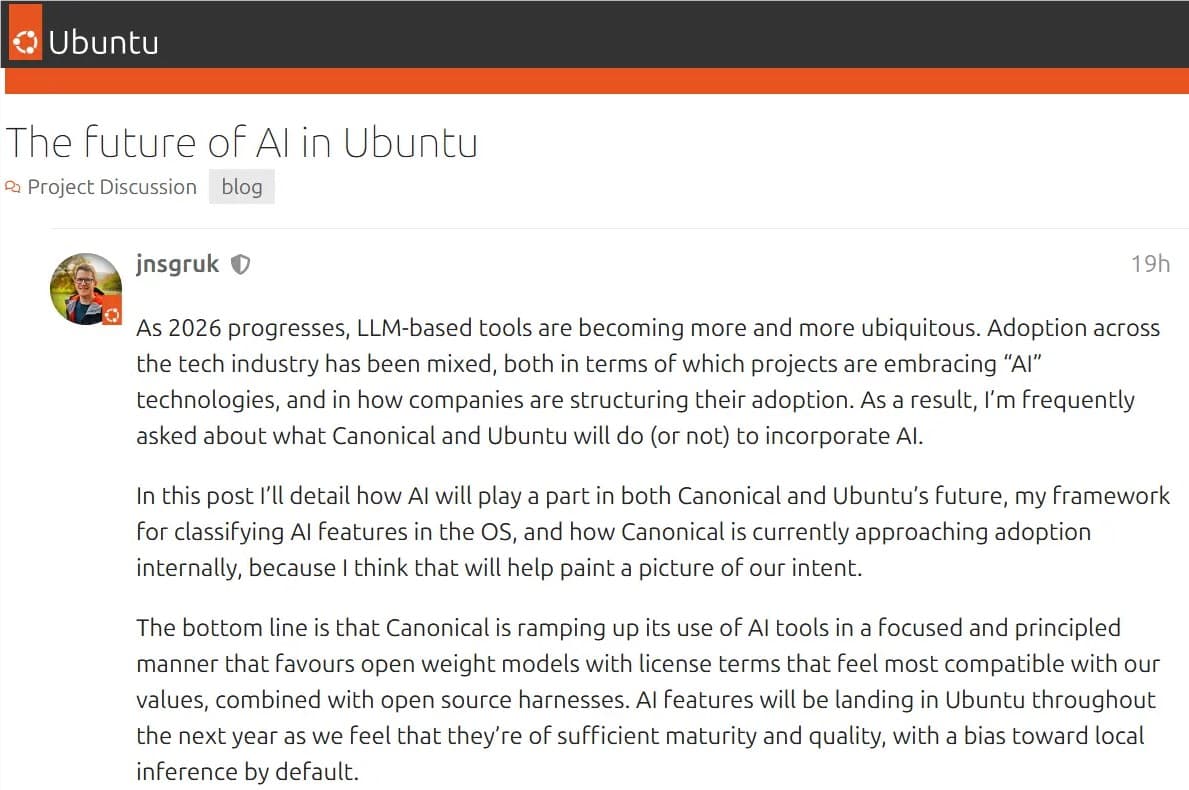 不做AI产品做AI增强：Ubuntu官宣 2026 年全面集成原生AI