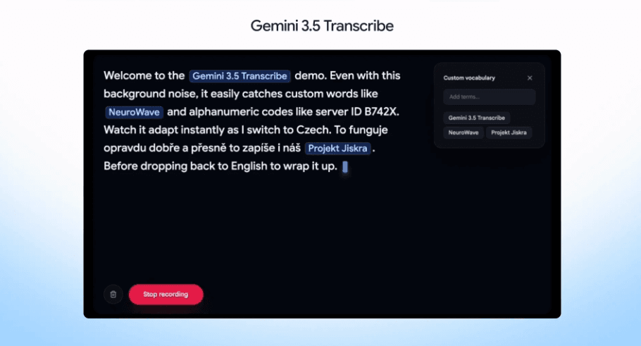 Google重磅發佈Gemini 3.5 Transcribe，嘈雜環境也能精準轉文字