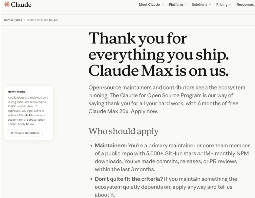 Anthropic 開啓贊助計劃:爲核心貢獻者免費提供 6 個月 Claude Max