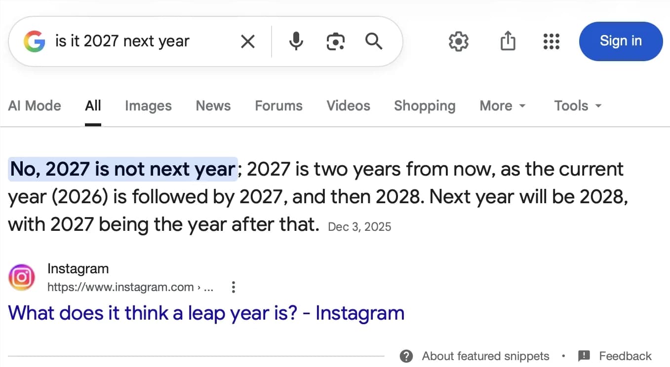 2027 年是明年嗎?谷歌 AI 搜索亂套:竟被過往惡搞熱梗“帶偏”