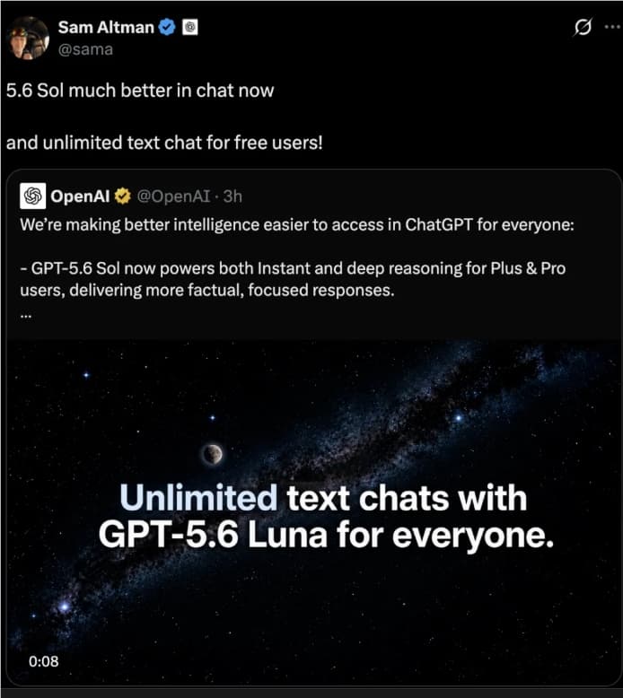 ChatGPT Free Version Epic Upgrade: GPT-5.6 Luna Unlimited Usage Plus/Pro Users Also Have Exclusive Benefits
